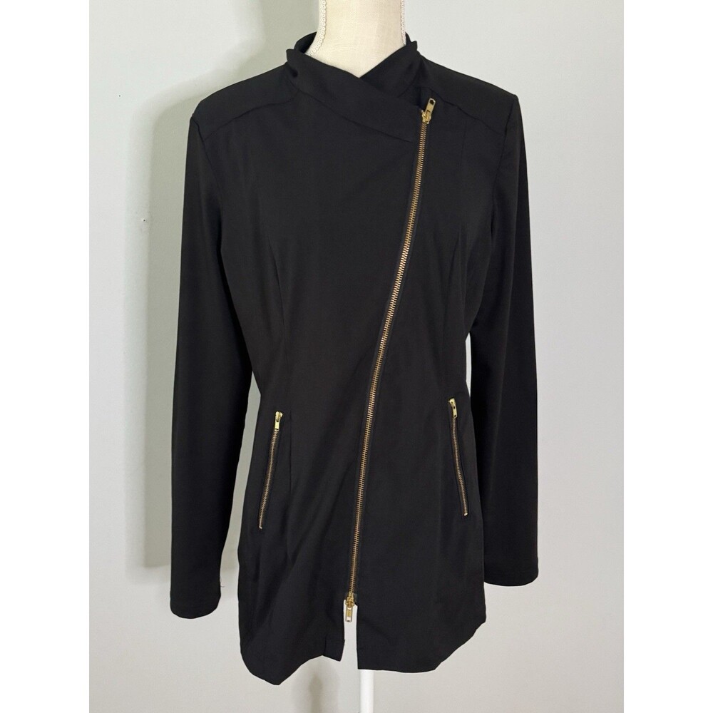Noel Asmar Women’s Black Moto Jacket Medium Asymmetrical Zip Gold Hardware